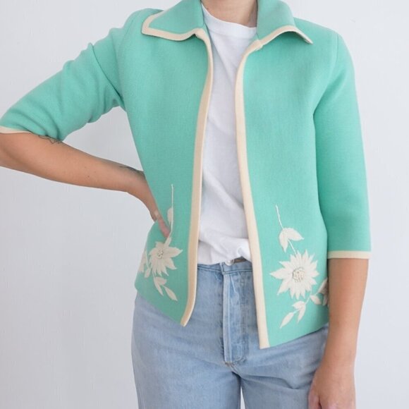 Sweaters - Vintage Teal w White Embroidered Floral Open Front Cardigan Sweater S